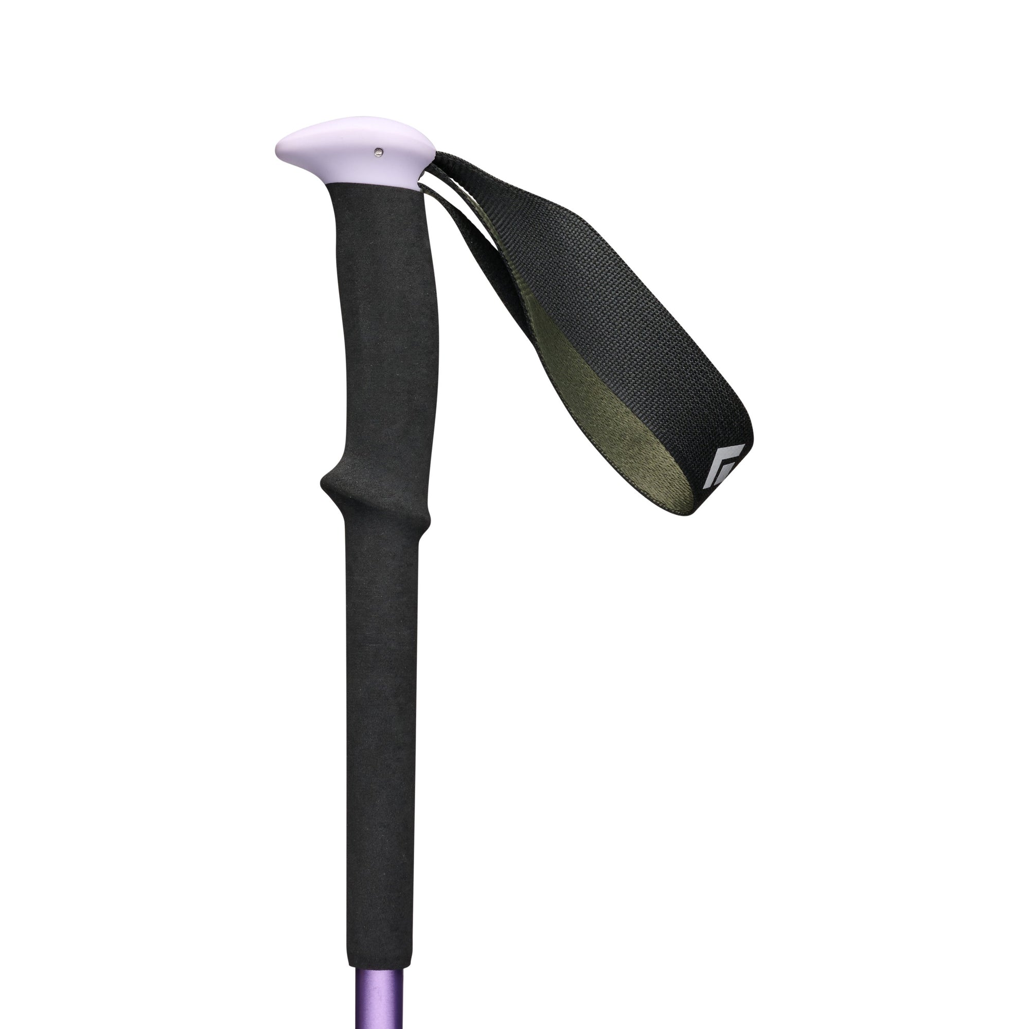 Trekking pole handle close-up showing foam grip, wrist strap, and lilac tip, detail view