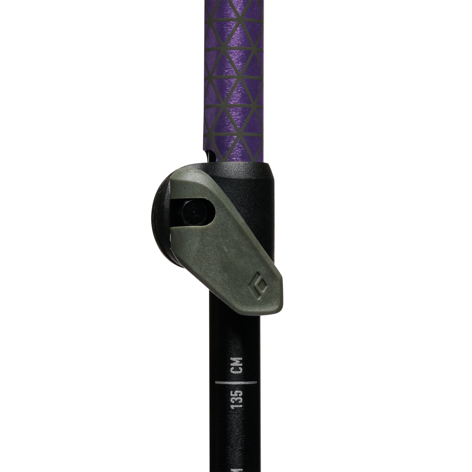 Close-up of trekking pole adjustment lever mechanism showing purple grip and measurement markings at 135cm
