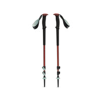 Pair of collapsible trekking poles with foam grips, wrist straps, and carbide tips, front view