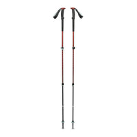 Pair of adjustable trekking poles with red upper shafts, black lower sections, and wrist straps