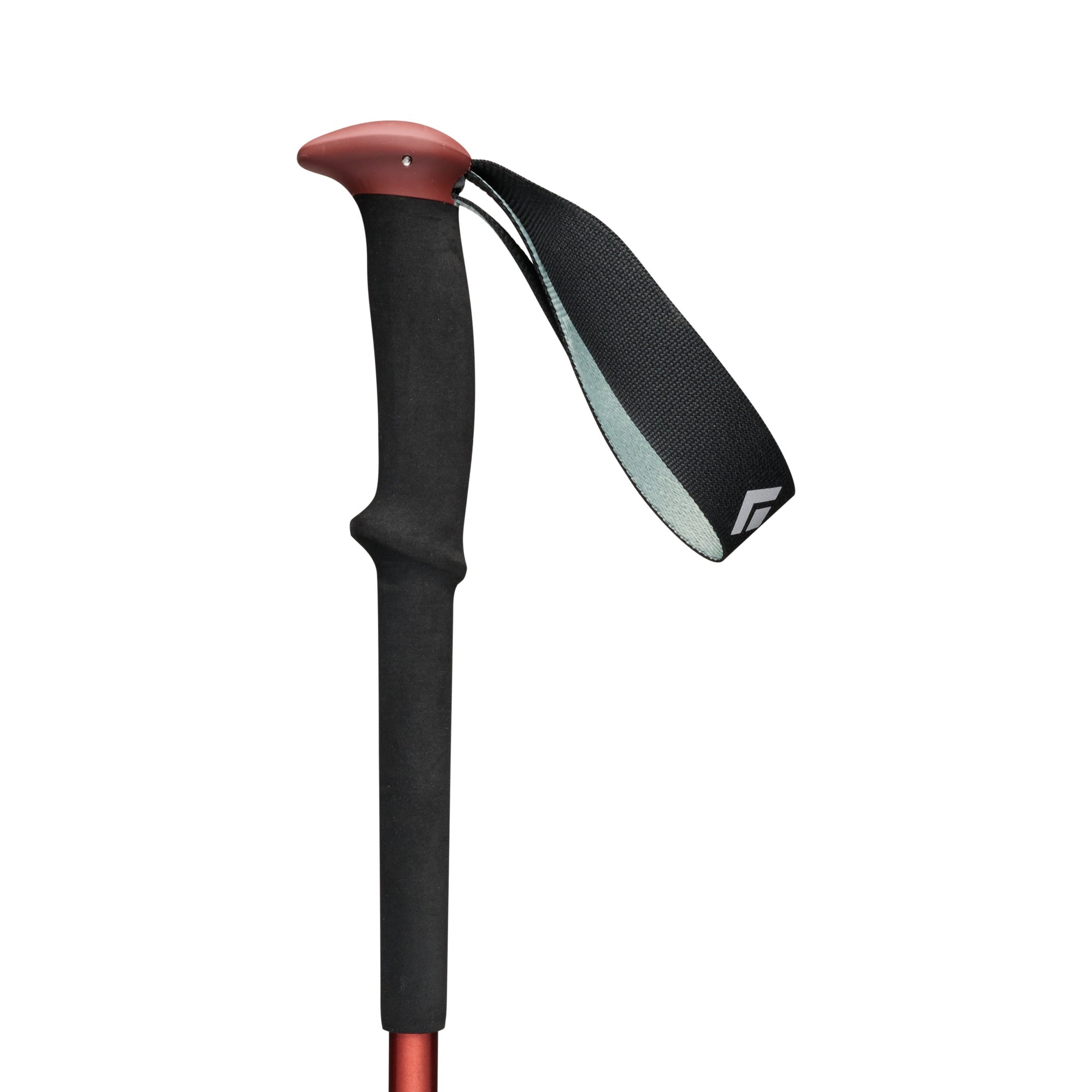 Trekking pole handle close-up showing foam grip, wrist strap, and rust-red top cap