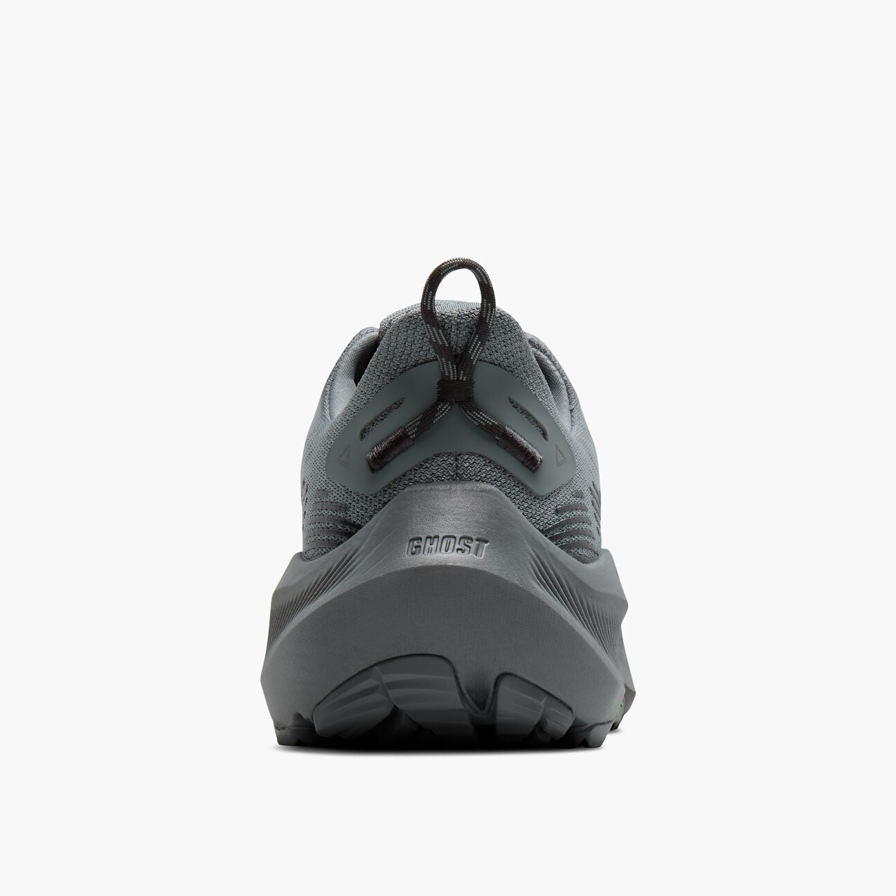 Gray trail running shoe with knit upper and rugged sole, rear heel view