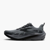 Gray and black trail running shoe with mesh upper, side profile view