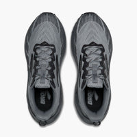 Gray trail running shoes with mesh upper and black lacing, top-down view pair