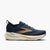 Men's road running shoe in navy blue with gold accents and thick cushioned cream midsole, lateral view