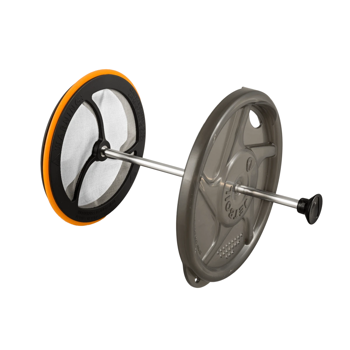 French press coffee plunger assembly with orange-rimmed mesh filter and gray lid, disassembled view