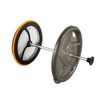 French press coffee plunger assembly with orange-rimmed mesh filter and gray lid, disassembled view