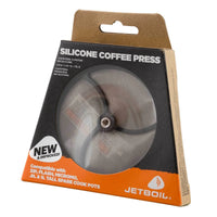 French press coffee filter with silicone rim and stainless steel mesh, shown in retail packaging