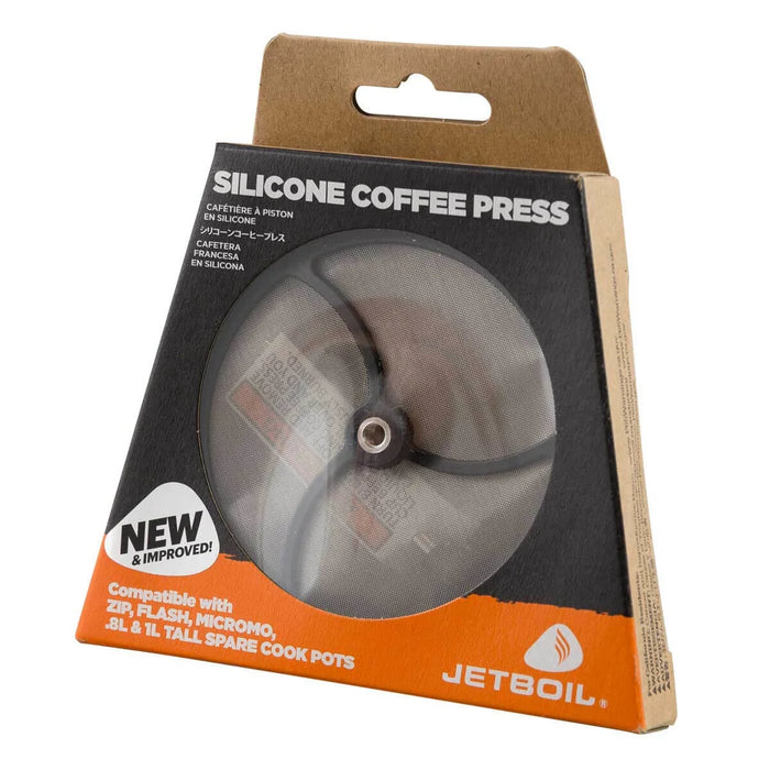 French press coffee filter with silicone rim and stainless steel mesh, shown in retail packaging