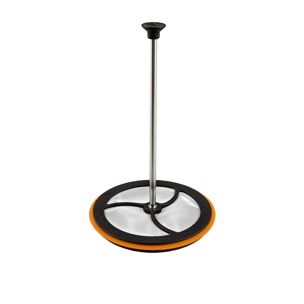 French press plunger with stainless steel rod, mesh filter disc, and orange silicone seal