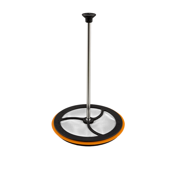 French press plunger with stainless steel rod, mesh filter disc, and orange silicone seal