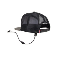 Black mesh trucker cap with adjustable cord retainer attached to back strap
