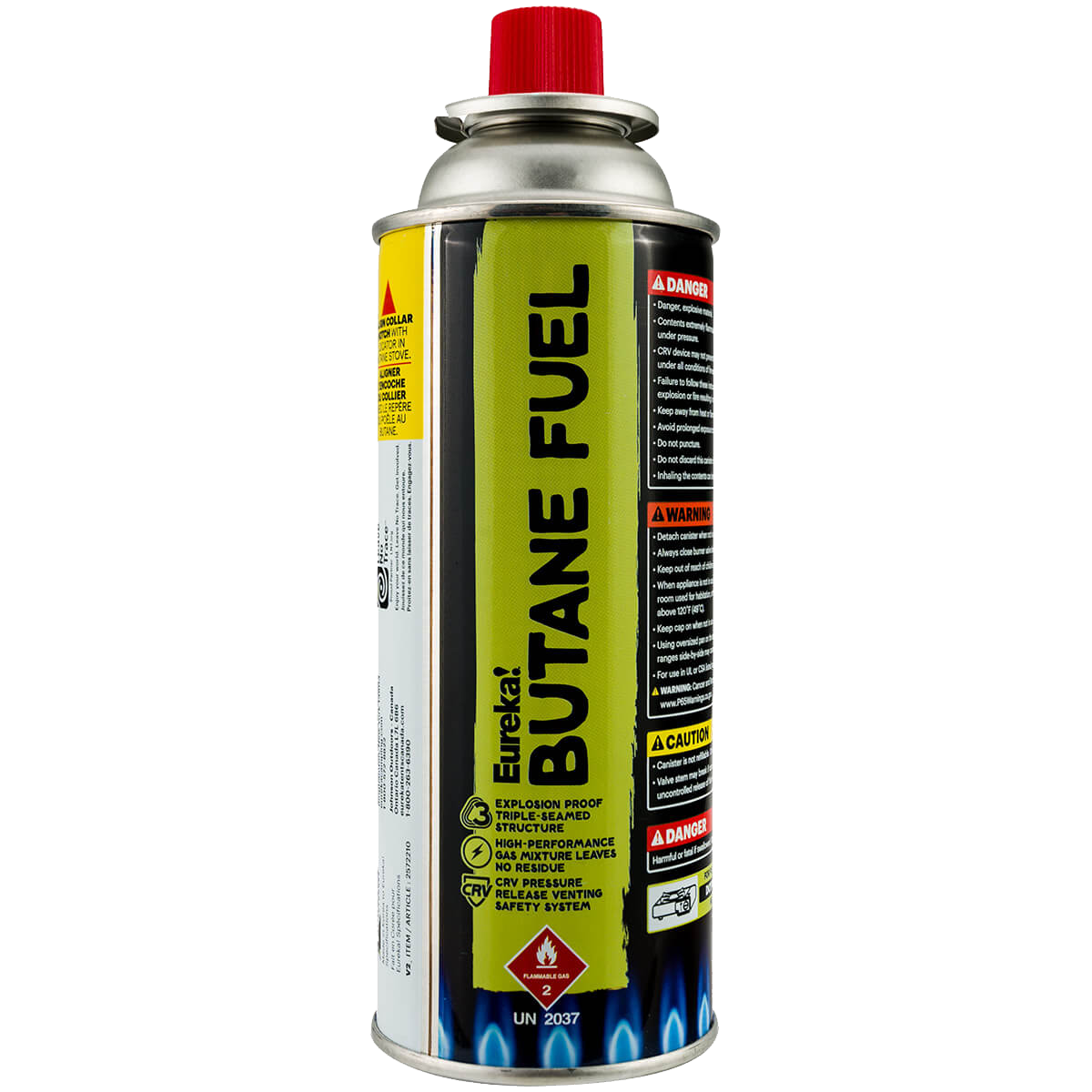 Metal aerosol canister with green and black label, red safety cap, warning labels visible