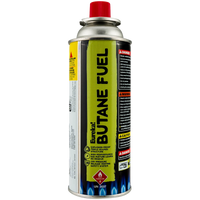 Metal aerosol canister with green and black label, red safety cap, warning labels visible