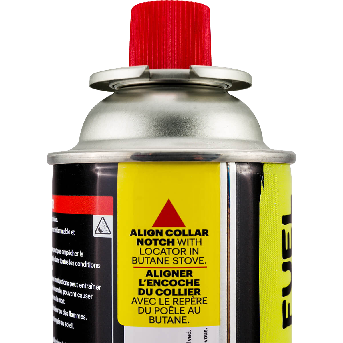 Butane fuel canister with red cap, yellow warning labels and silver valve top
