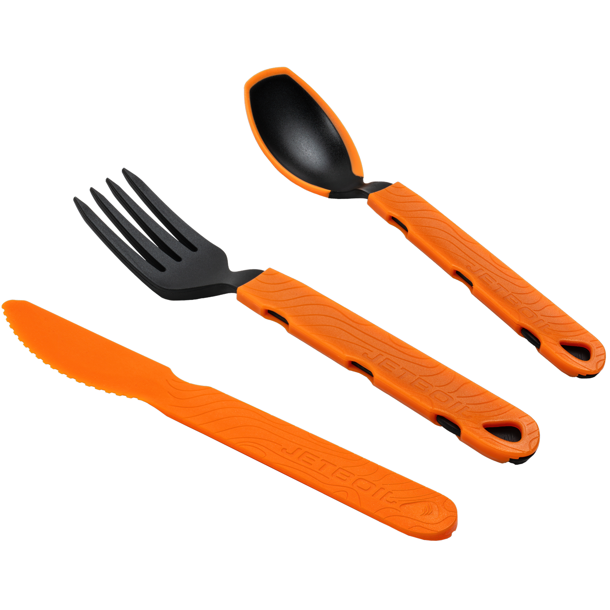 Three-piece camping cutlery set with fork, spoon, and knife featuring textured handles