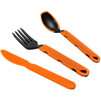 Three-piece camping cutlery set with fork, spoon, and knife featuring textured handles