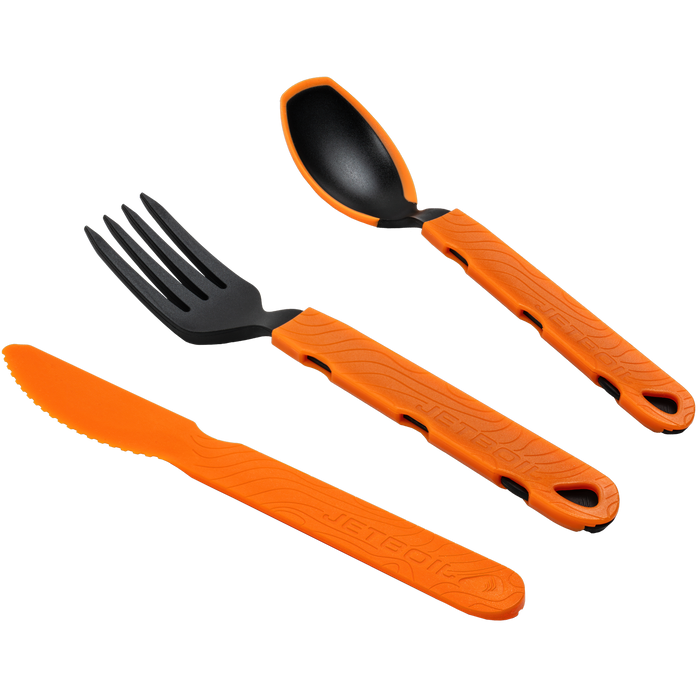Three-piece camping cutlery set with fork, spoon, and knife featuring textured handles