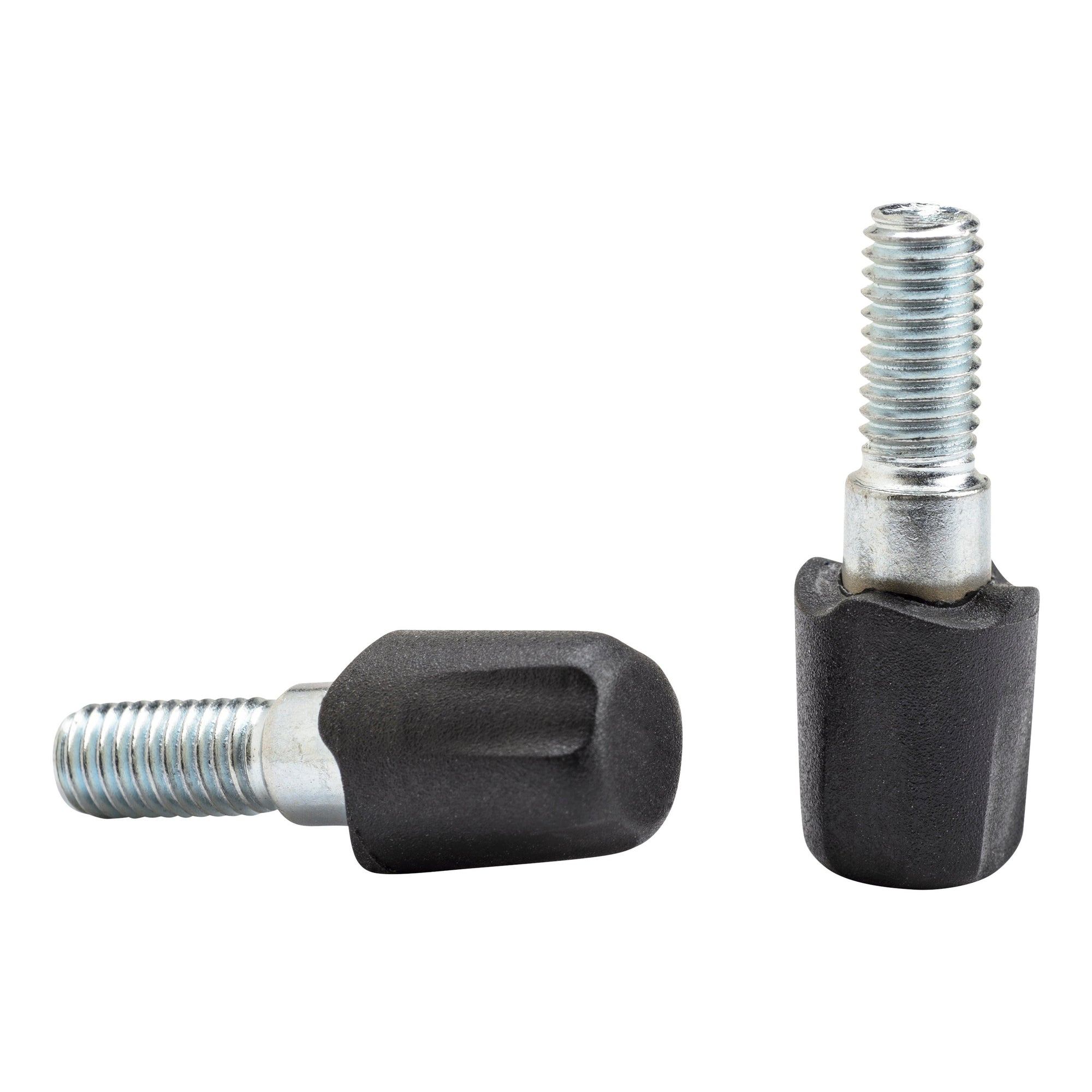 Two rubber-tipped trekking pole tips with threaded metal shafts, shown from different angles