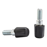 Two rubber-tipped trekking pole tips with threaded metal shafts, shown from different angles