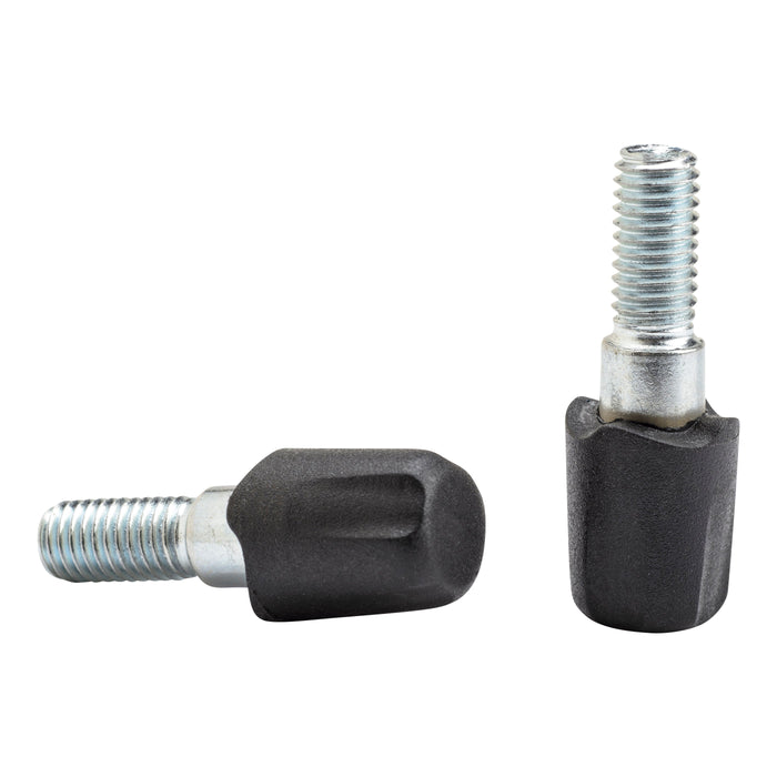 Two rubber-tipped trekking pole tips with threaded metal shafts, shown from different angles