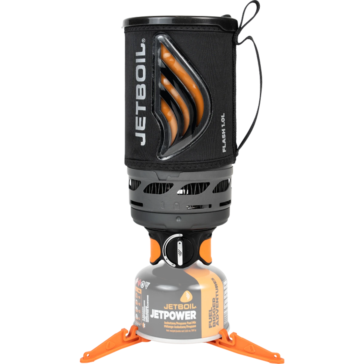 Compact camping stove system with insulated cup mounted on isobutane fuel canister with orange tripod stand