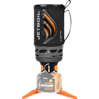 Compact camping stove system with insulated cup mounted on isobutane fuel canister with orange tripod stand