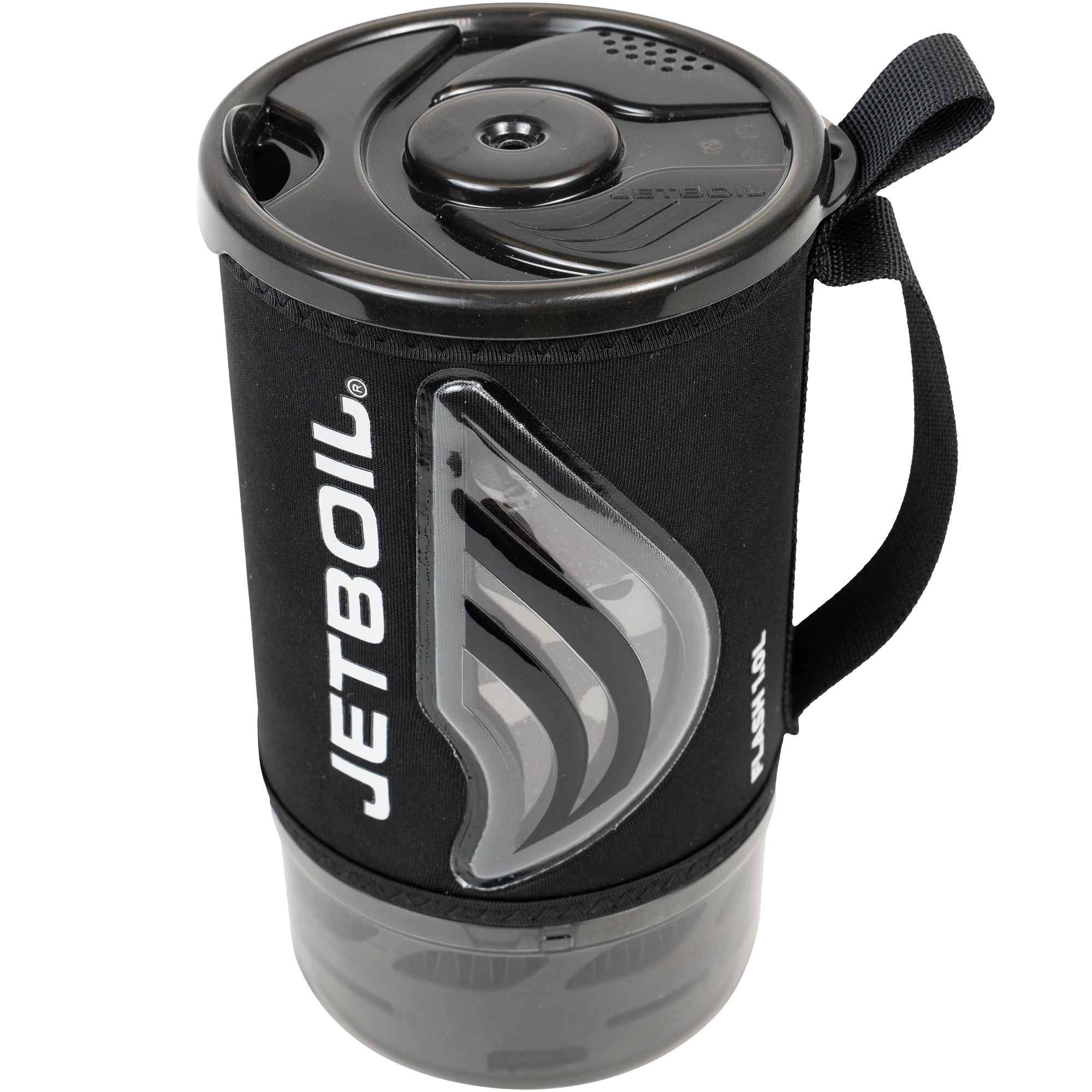 Compact camping stove system with black neoprene sleeve, flame logo window, and vented lid