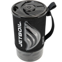 Compact camping stove system with black neoprene sleeve, flame logo window, and vented lid