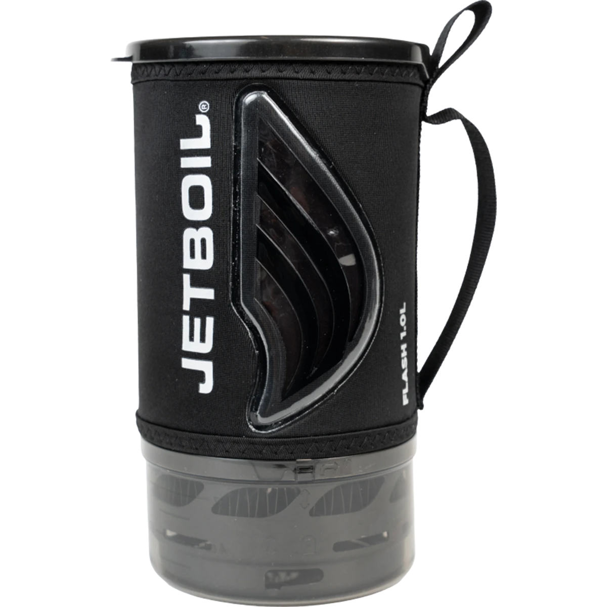 Compact camping stove system with black insulated sleeve, handle, and clear base, front view