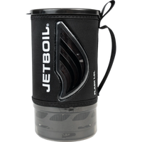 Compact camping stove system with black insulated sleeve, handle, and clear base, front view