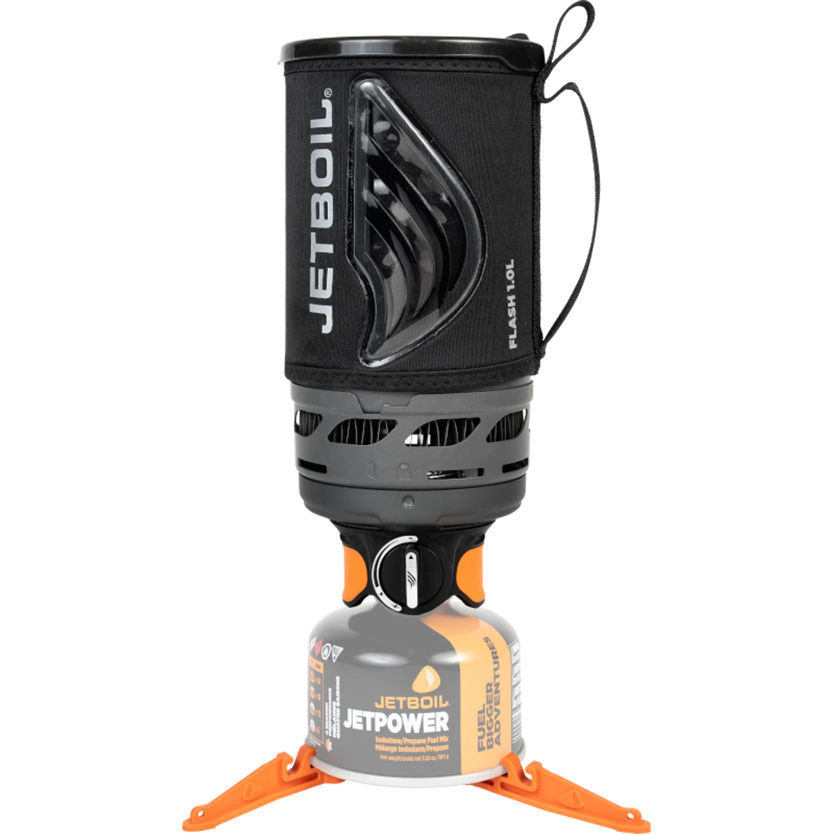 Compact camping stove system with black insulated cup mounted on gas canister with orange stabilizer legs