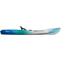 Single-seat recreational kayak with blue-turquoise gradient hull and black cockpit seat, side profile view