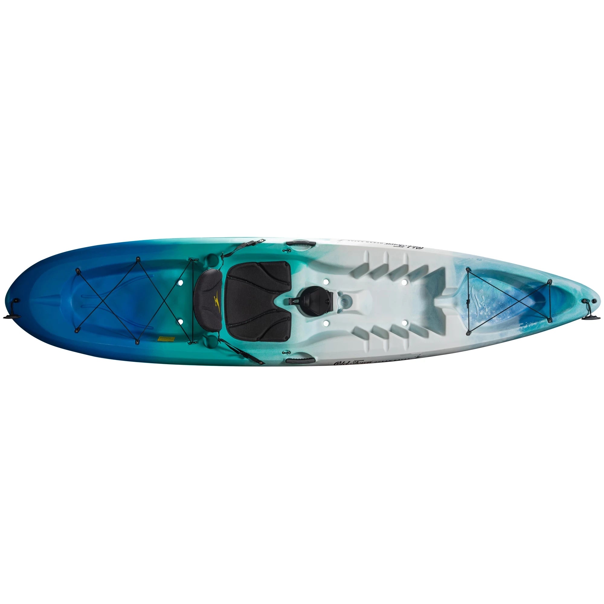 Single-seat kayak with blue-teal gradient hull, white cockpit, black seat, and bungee storage areas