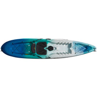 Single-seat kayak with blue-teal gradient hull, white cockpit, black seat, and bungee storage areas
