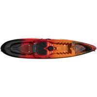 Sit-on-top kayak with gradient red-orange coloring, molded seat, and storage areas viewed from above