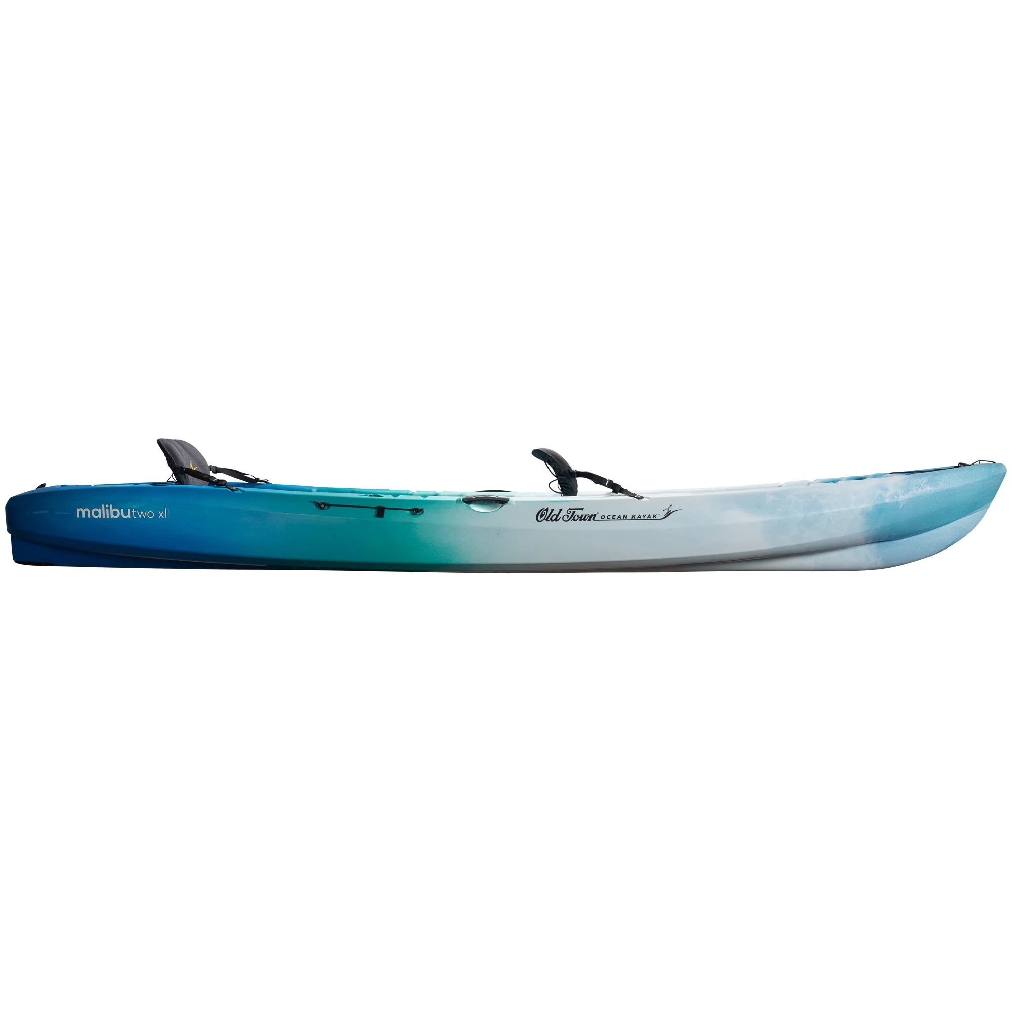 Two-person sit-on-top kayak with blue to white gradient coloring, side profile view