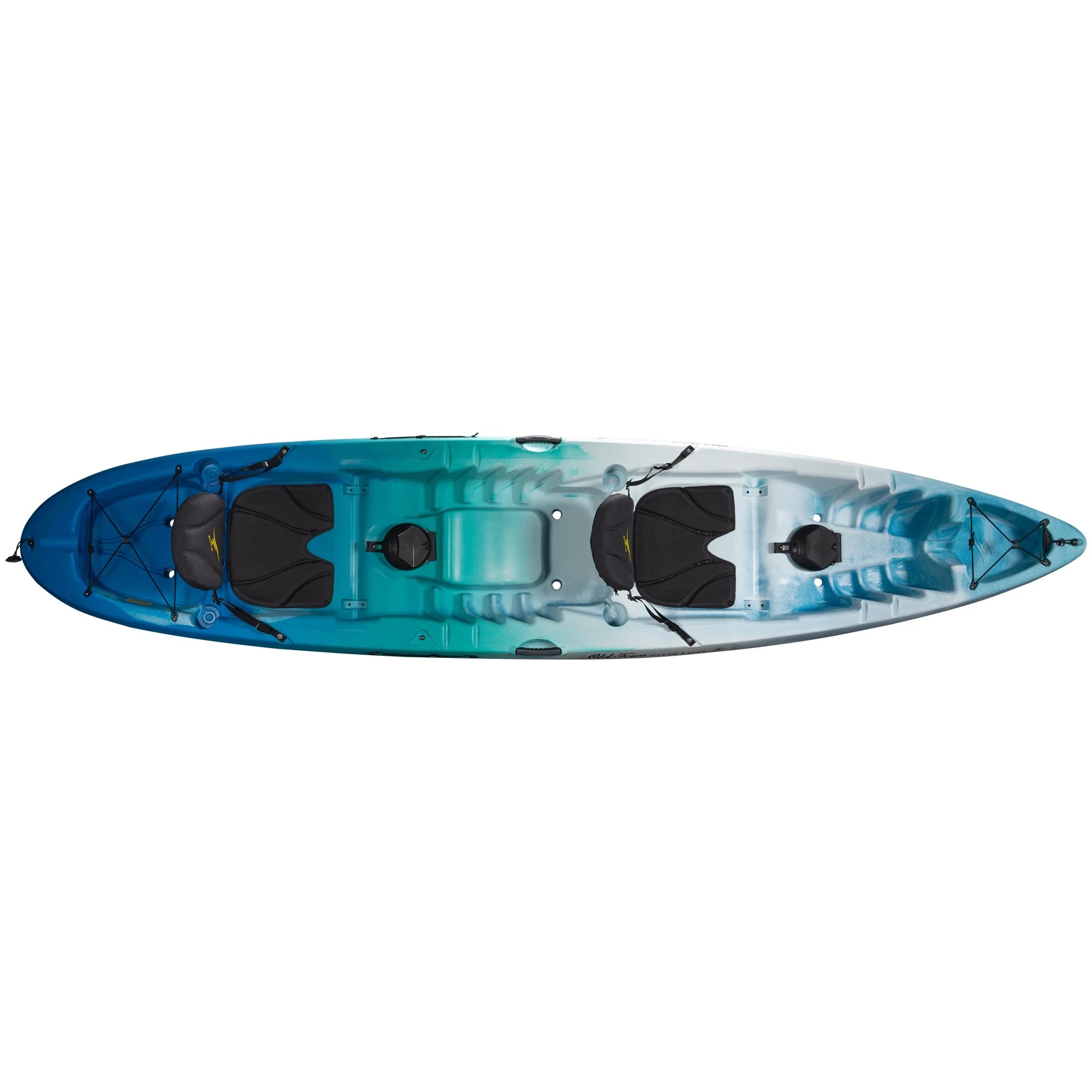 Tandem sit-on-top kayak with blue-teal gradient finish, two padded seats, and storage compartments
