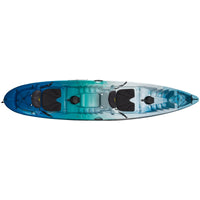 Tandem sit-on-top kayak with blue-teal gradient finish, two padded seats, and storage compartments
