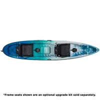 Tandem kayak with blue to teal gradient finish, two black seats, top-down view