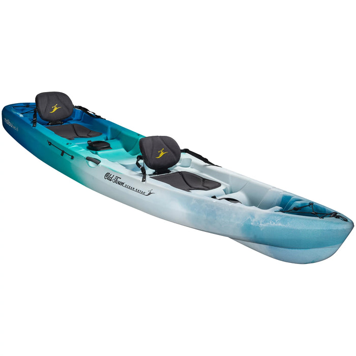 Tandem sit-on-top kayak with blue to white gradient finish and two padded seats