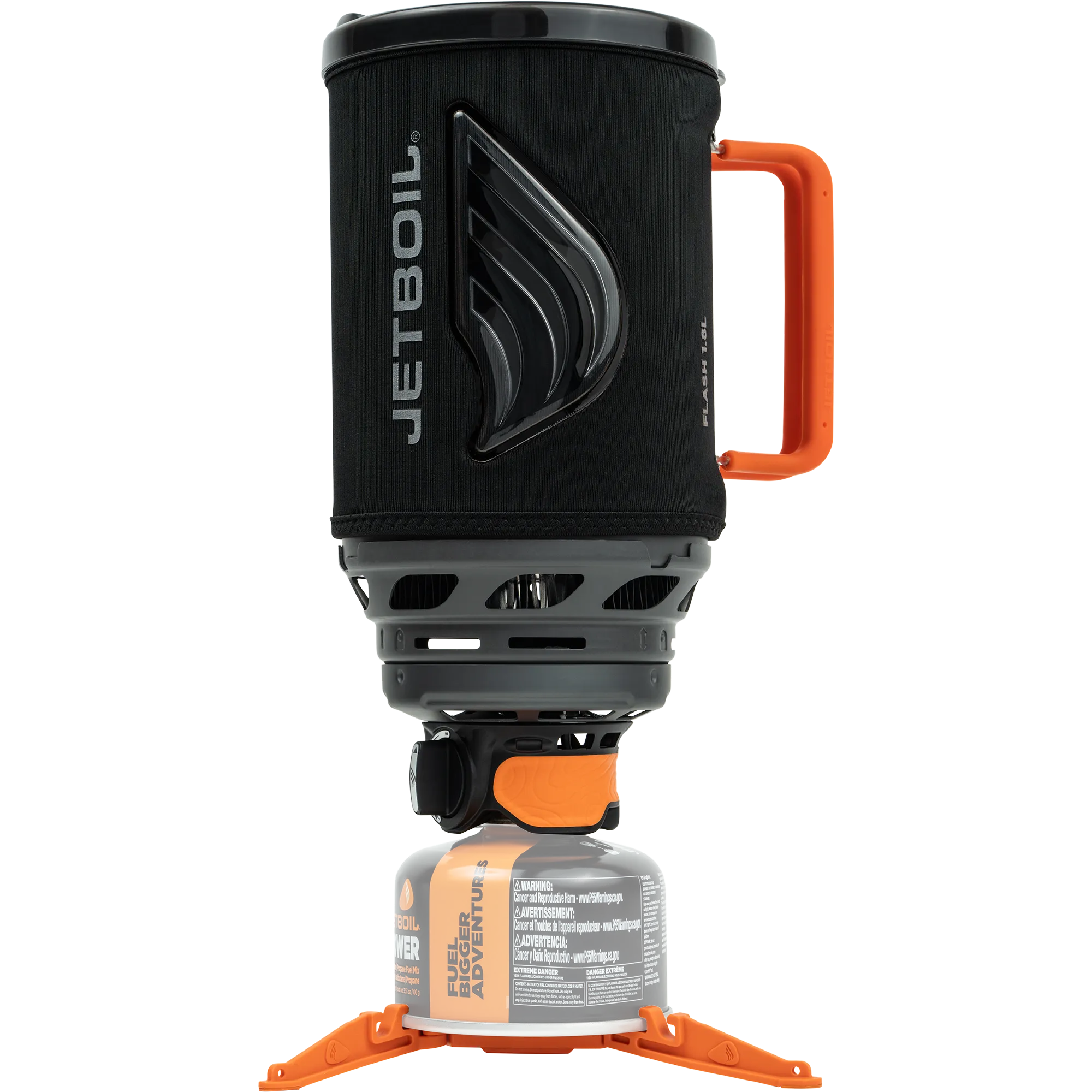 Compact camping stove system with black insulated cup, orange handle, mounted on fuel canister with tripod base