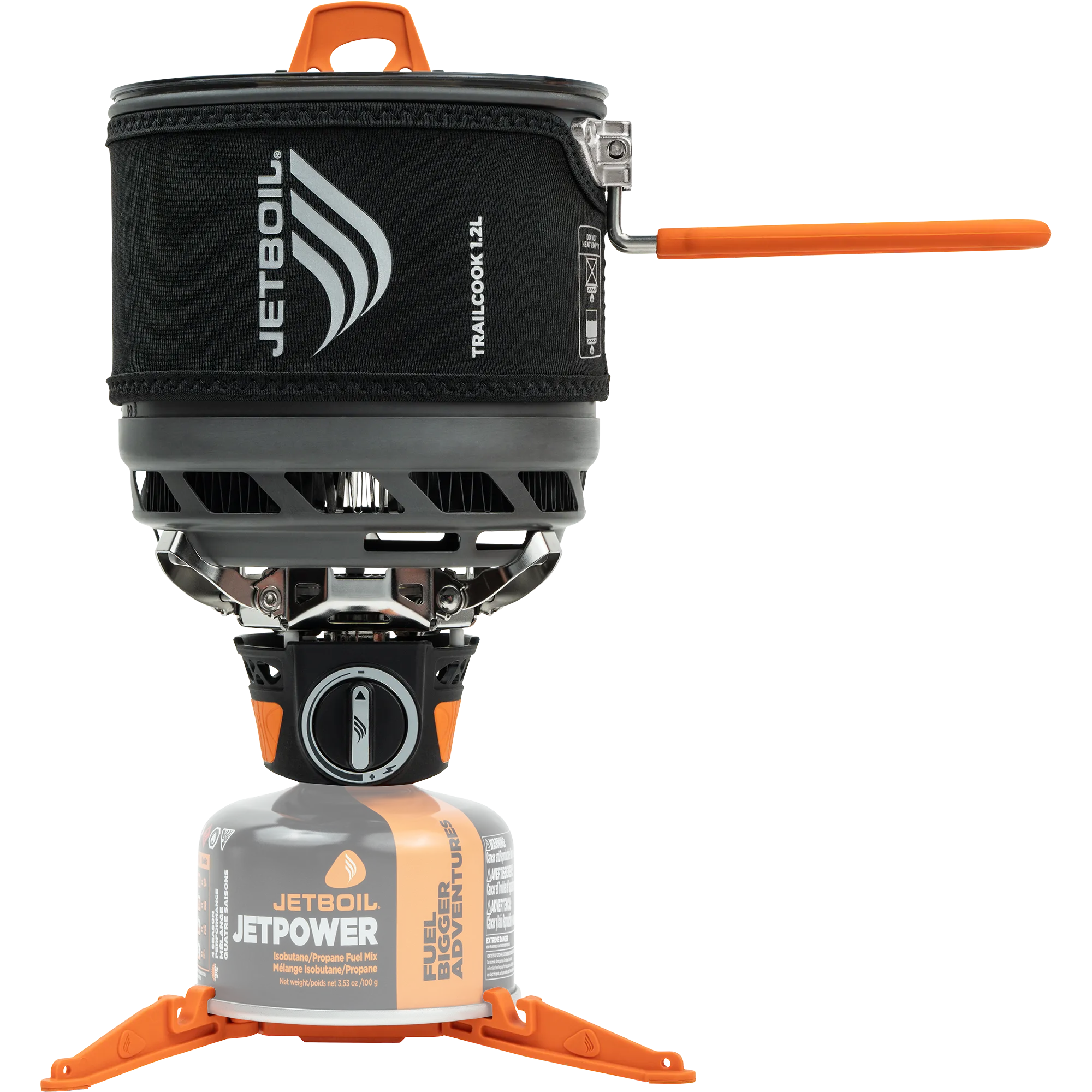 Compact camping cook system with 1.2L pot, neoprene sleeve, burner, and fuel canister on tripod base
