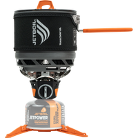 Compact camping cook system with 1.2L pot, neoprene sleeve, burner, and fuel canister on tripod base