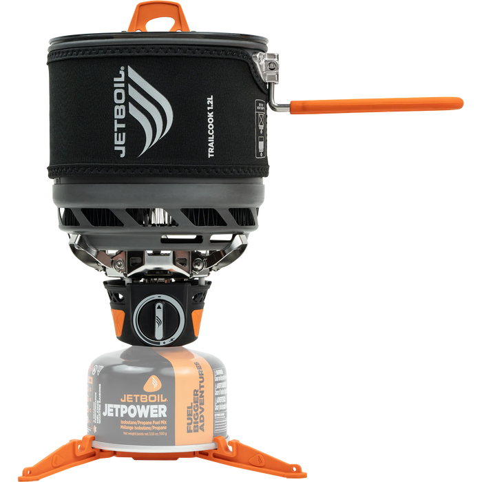 Compact camping cook system with 1.2L pot, neoprene sleeve, burner, and fuel canister on tripod base