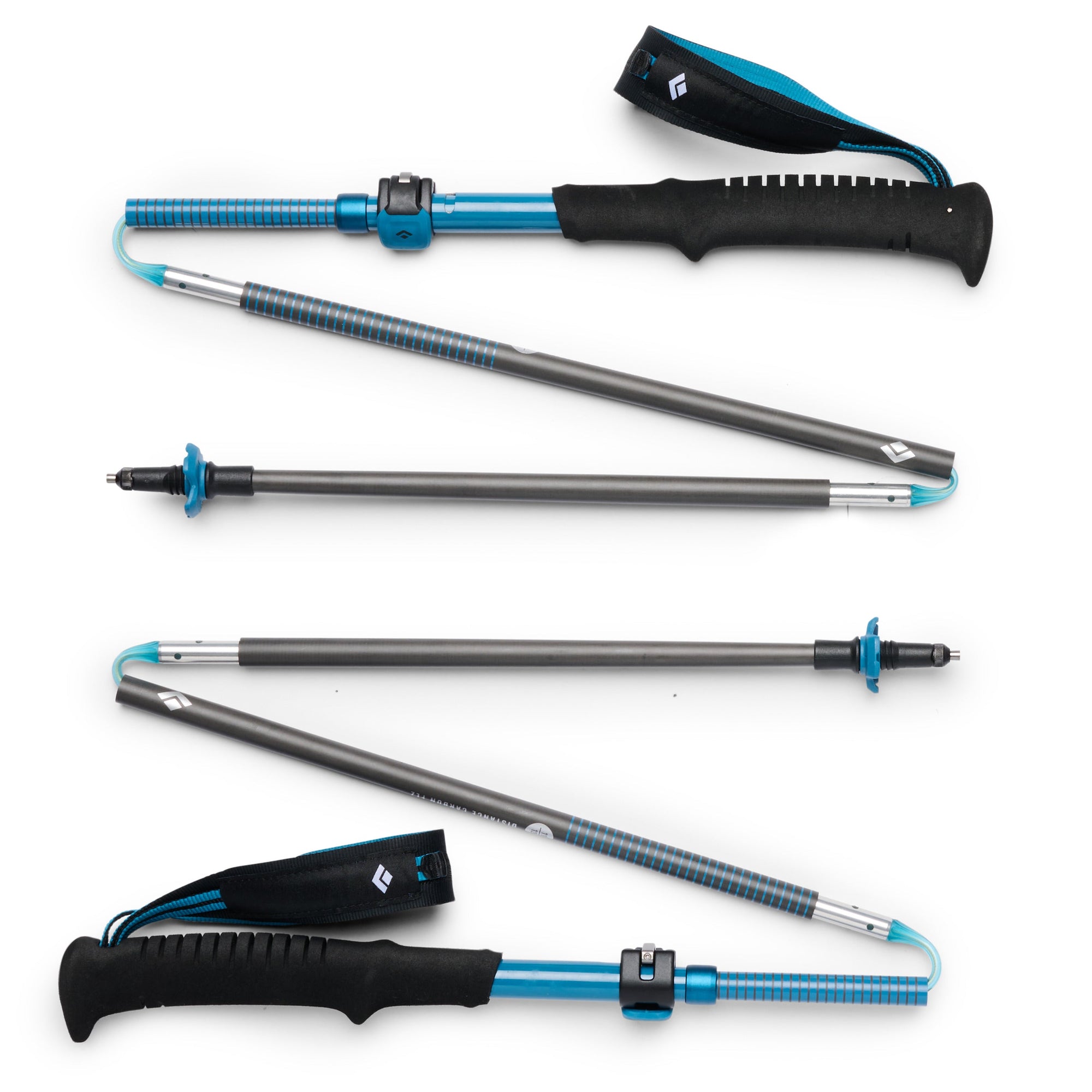Collapsible trekking poles shown assembled and broken down, with foam grips and wrist straps