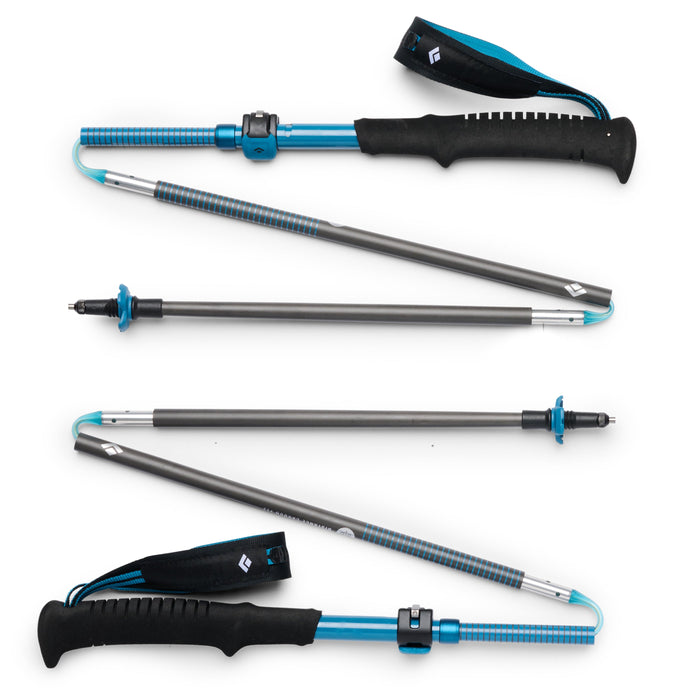 Collapsible trekking poles shown assembled and broken down, with foam grips and wrist straps
