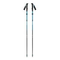 Pair of collapsible trekking poles with foam grips, blue upper shafts, and black lower sections
