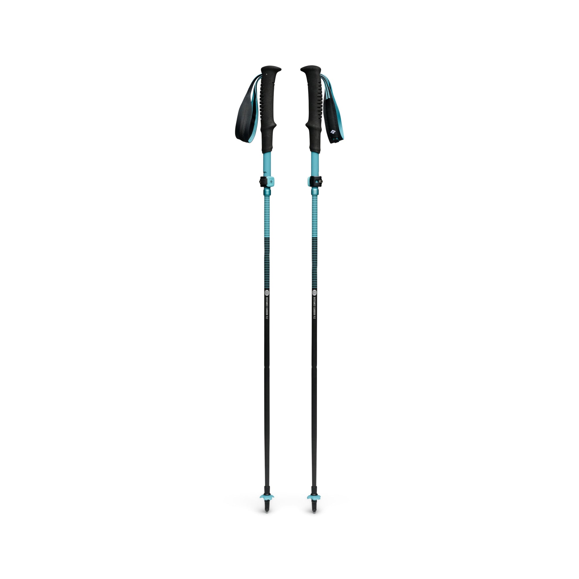 Pair of adjustable trekking poles with foam grips, wrist straps, and carbide tips, front view