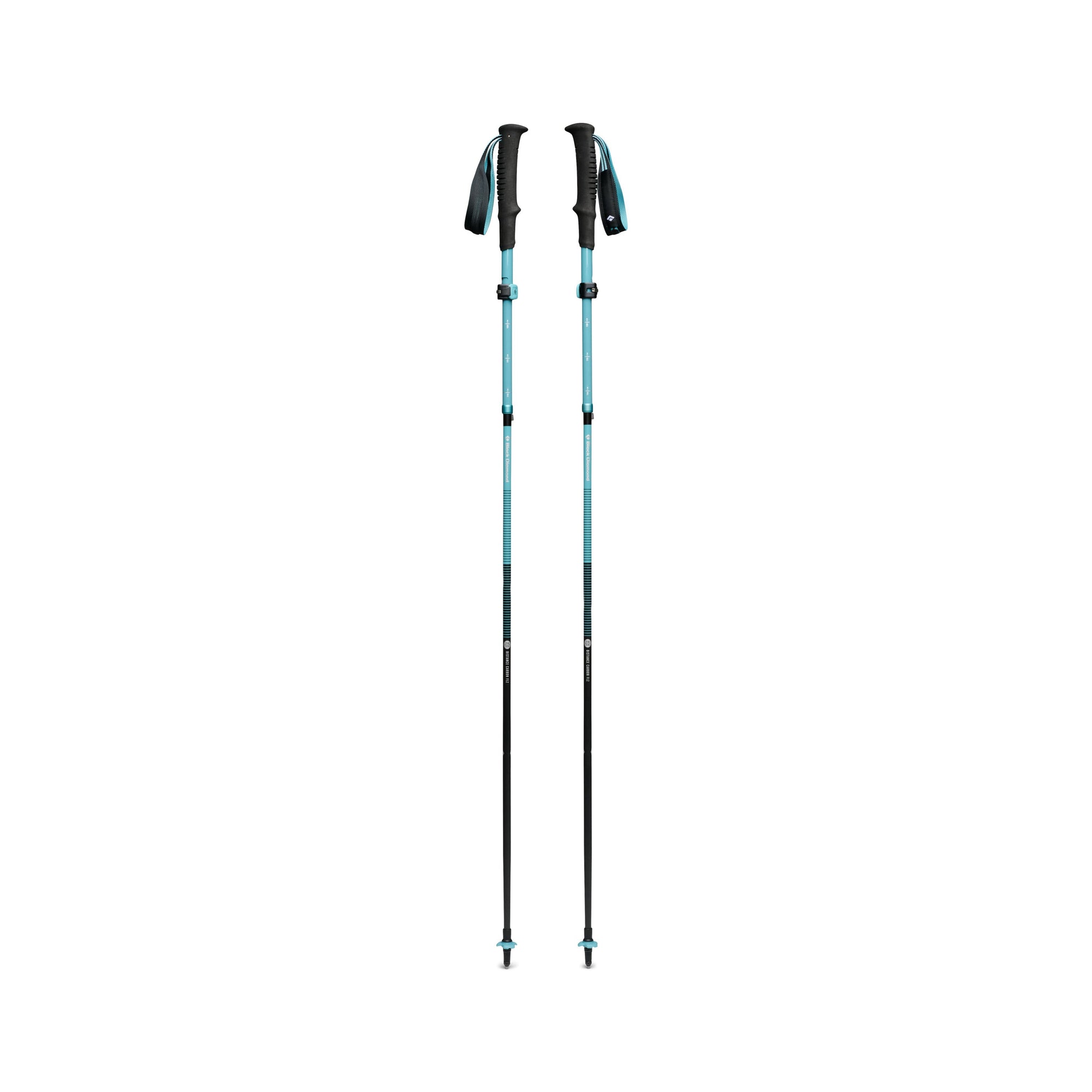 Pair of teal and black collapsible trekking poles with ergonomic grips and adjustable locking mechanism